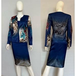 NWT Satin Skirt Suit 3Pc Set‎ Blazer/Top/Skirt Lined Formal Long Sleeves Animal